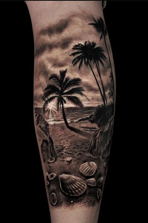 Beach Tattoo Sleeve, Strand Tattoo, Tree Sleeve Tattoo, Beachy Tattoos, Beach Tattoos, Hawaii Tattoos, Palm Tattoos, Men Tattoos Arm Sleeve, Ocean Tattoos