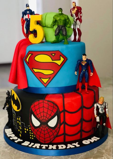 Superhero Theme Birthday Cake, The Avengers Cake Birthdays, Avengers Cake 2 Tier, Marvel 3rd Birthday Cake, Avengers Cake Ideas Birthdays, Superhero Bday Cake, Super Heroes Cakes, Marvel Heroes Cake, Marvel Birthday Theme