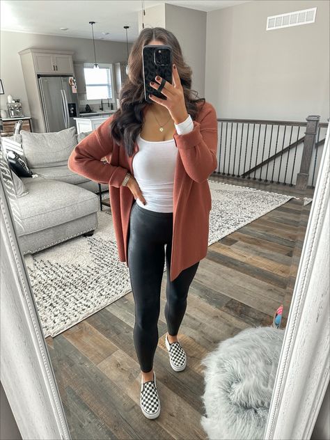 Cardigans With Leggings, Simple Fall Outfits Leggings, 60 Degree Weather Outfit Leggings, Outfits With Leggings And Cardigans, Fall Outfit With Leather Leggings, Fall Work Outfits Leggings, Vans Outfit Womens Winter, Movie Date Outfit Leggings, Saturday Cute Outfit