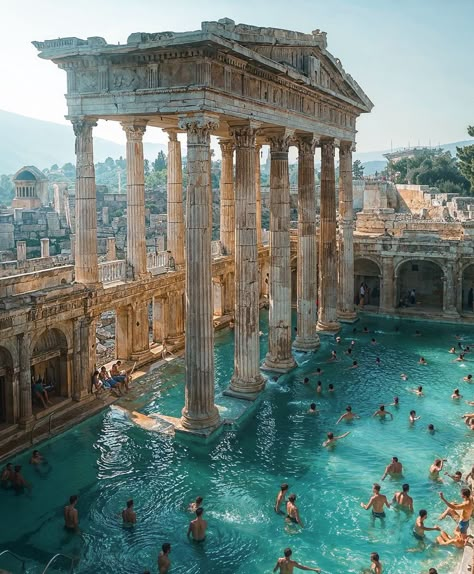 Roman Baths, Fantasy Places, Water Art, Fantasy Concept Art, Ancient Architecture, Ancient Ruins, Dream House Exterior, Ancient Rome, Beautiful Buildings