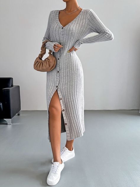 Long Sleeve Dress Maxi, Knit Long Sleeve Dress, Ribbed Knit Bodycon Dress, Grey Long Dress, Blue Bodycon, Blue Bodycon Dress, Sweater Dress Casual, Chic Vibes, Casual Sweater