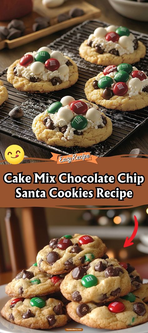 Get festive with Cake Mix Chocolate Chip Santa Cookies. These easy-to-make cookies use a cake mix base to deliver soft, chewy treats dotted with chocolate chips, perfect for holiday gatherings or a night in with Santa. #SantaCookies #HolidayBaking #ChocolateChipCookies Chocolate Chip Santa Cookies, Cake Mix Chocolate Chip Santa Cookies, Cake Mix Santa Cookies, Cakemix Cookies Chocolate Chip, Devils Food Cake Mix Cookies Recipes, Cookies Using Chocolate Cake Mix Boxes, Cake Batter Chocolate Chip Cookies, Chocolate Cake Mix Christmas Cookies, Box Cake Christmas Cookies