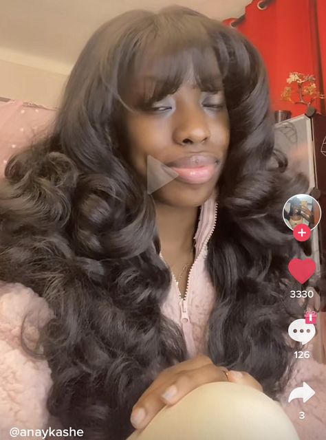 Big Fluffy Curls Black Women, Curly Wigs With Bangs For Black Women, Body Wave With Bangs Black Women, Diva Curls Hairstyles, Big Poofy Curly Hair, Curly Weave Hairstyles With Bangs, Fluffy Wigs For Black Women, 70s Curls Black Women, Bombshell Hair With Bangs