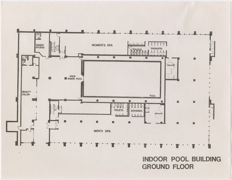 This sketch of Grossinger's Hotel and Spa, a Royce resort: floor plans is so cool! Could it help you design your #spa home .#spamuseum - Page 14 - DRS Spa Blueprint, Vintage Blueprints, Pool Toilet, Men Spa, Inside Pool, Northeastern University, Spa Studio, Spa At Home, Spa Home