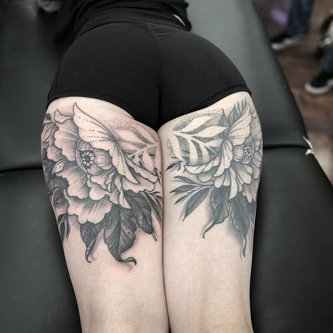 Tattoo Behind Thigh, Matching Thigh Tattoos, Inner Thigh Tattoo, Inner Thigh Tattoos, Back Of Thigh Tattoo, Thigh Tats, Grunge Tattoos, Thigh Piece Tattoos, Upper Thigh Tattoos