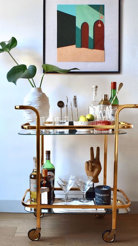 70s Bar Cart, Mcm Bar Cart, Eclectic Bar Cart, Bar Cart Apartment, Unique Bar Cart, Mid Century Modern Bar Cart, Bar Cart Inspo, Cocktail Corner, Perfect Bar Cart