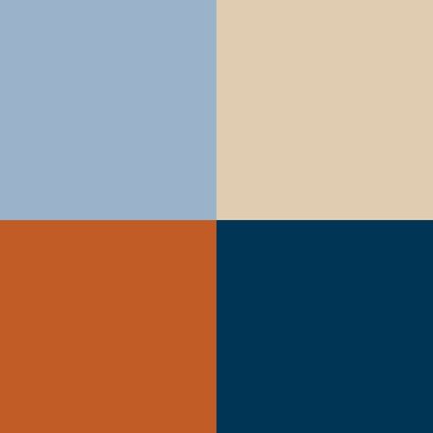 Burnt orange, beige, light grey-blue, dark/ navy blue Light Blue Burnt Orange Living Room, Blue And Clay Bedroom, Blue Orange Tan Living Room, Blue Grey Orange Bedroom, Burnt Orange Blue Bedroom, Orange And Blue Decor Bedroom, Navy Blue And Orange Kitchen, Blue Orange Kitchen Ideas, Rooms With Orange Accents