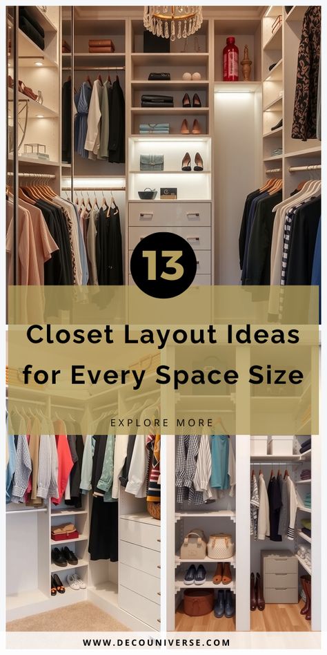 Transform your closet into an organized haven with these 13 layout ideas that maximize space and style. 8 X 10 Closet Layout, Odd Shaped Closet Design, Guest Room Closet Design, Finished Closet Ideas, 4 Ft Closet Ideas, Shared Master Closet Organization, U Shaped Dressing Room, U Closet Design, Diy Closet Design Layout