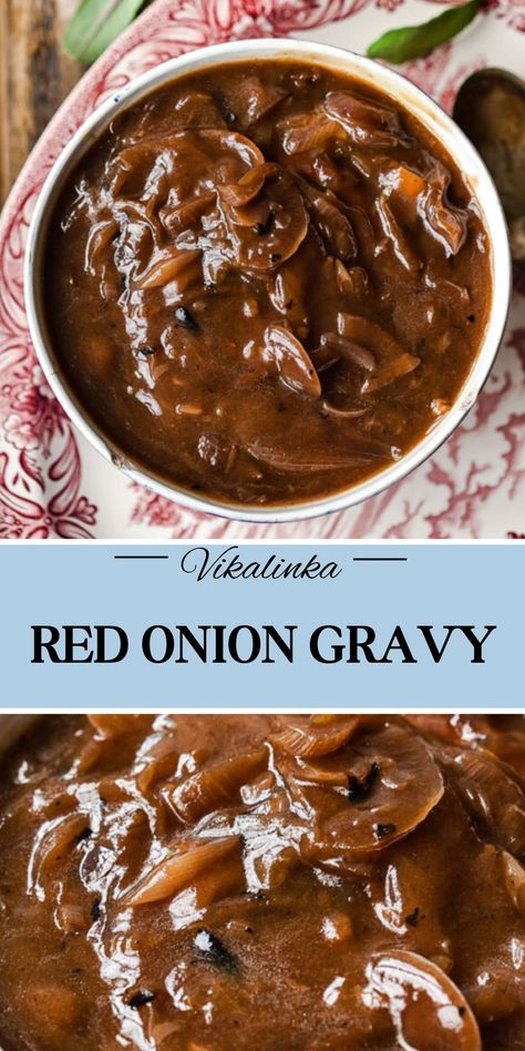 Take your gravy to the next level by enriching its flavour with caramelised onion and apple cider. Red Onion Gravy Recipe, Bangers And Mash Gravy, Red Onion Gravy, Homemade Gravy Recipe, Easy Gravy Recipe, Roasted Chicken And Potatoes, Caramelised Onion, Apple Pork Chops, Gravy Ingredients