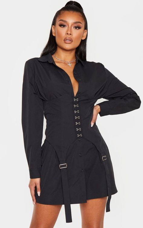 Shirt Dress With Corset, Corset Shirt Dress, Shirt Dresses For Women, Dress With Corset, Corset Shirt, Black Hook, Classic Shirt Dress, Button Down Shirt Dress, Women Midi