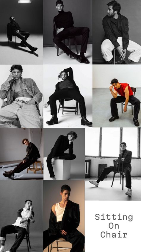 Modeling ideas, photoshoot inspirations Poses With Chair Men, Chair Poses For Men, Man In Chair Pose, Male Modeling Portfolio Ideas, Vogue Male Models, Casual Model Poses Men, Men Model Photography Male Poses, Cool Men Poses, Chair Poses Photography Men