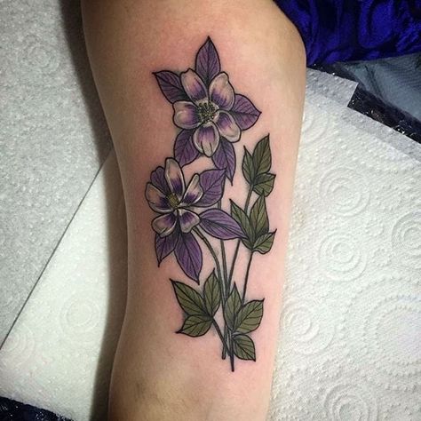 Columbine Tattoo, Columbine Flower Tattoo, Colorado Columbine, Tattooed Lady, Cool Half Sleeve Tattoos, Arm Temporary Tattoos, Columbine Flower, Foot Tattoos For Women, Birth Flower Tattoos