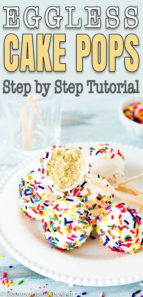 These Easy Eggless Homemade Cake Pops are a cute, bite-sized indulgence! They easy to make and can be customized into any color or flavor to suit your special occasion. #recipe #eggless #eggfree #egglessbaking #eggallergy #cake #cakepops #cakeballs #howtomake #easy #birthday Donut Hole Cake, Cake Pop Boxes, Cake Pop Recipe Easy, Egg Free Cakes, Cake Pops Recipe, Doughnut Holes, Chocolate Cake Pops, Simple Desserts, Eggless Desserts