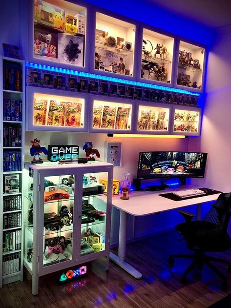 30+ Awesome Gaming Room Setups [2020 Gamer's Guide] Gaming Cave Ideas, Pc Gamer Room Ideas, Man Cave Ideas Room Small Gaming, Classy Nerd Decor, Nerdy Game Room, Ikea Game Room, Nerd Cave Ideas, Nerdy Living Room Ideas, Gaming Setup Boy