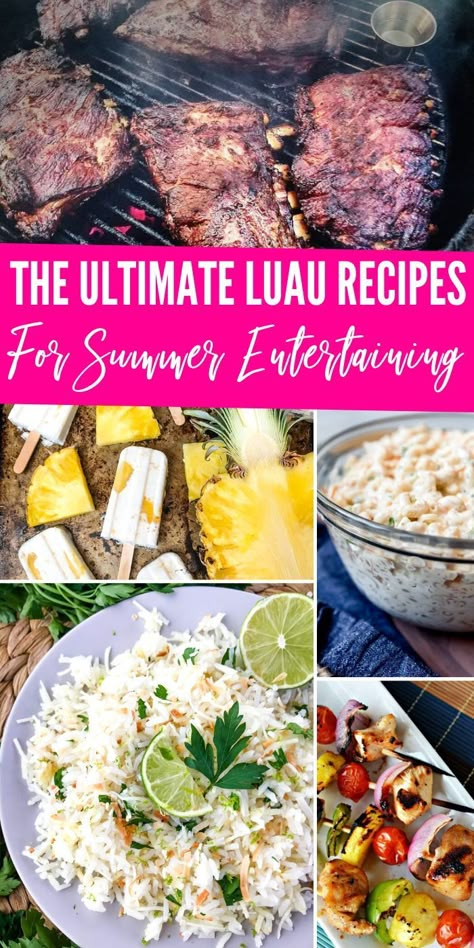 Luau Themed Decorations, Beach Theme Dinner Party, Hawaiian Dishes Recipes, Hawaiian Cookout, Hawaiian Dinners, Hawaiian Themed Food, Hawaiian Party Food Ideas, Hawaiian Luau Food, Tiki Food