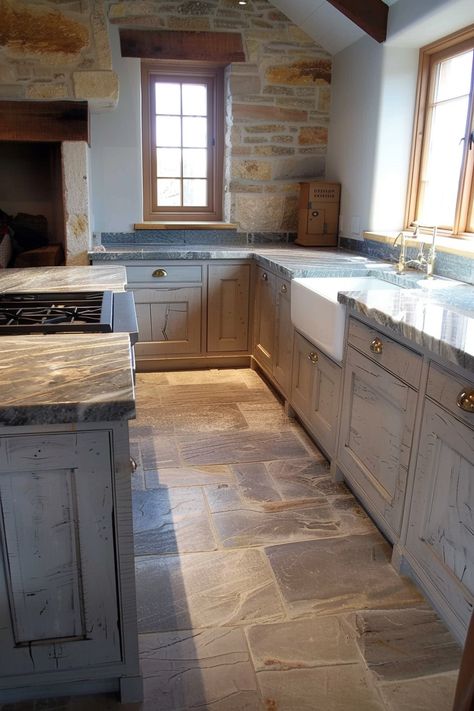 Enhance Your Space with Farmhouse Kitchen Flooring - Quiet Minimal French Farmhouse Aesthetic, Modern Farmhouse Kitchen Flooring, Cobblestone Kitchen Floor, Country Kitchen Floor, English Cottage Flooring, Cottage Core Flooring, Farmhouse Kitchen Floors, Stone Floor Kitchen Rustic, Cottage Kitchen Floor