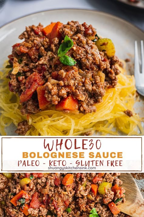 healthy bolognese sauce made with meat and vegetables is served with spaghetti squash Whole 30 Bolognese Sauce, Healthy Beef Bolognese Recipe, Paleo Bolognese Sauce, Keto Bolognese Sauce, Keto Bolognese Recipe, Bolognese Sauce Dairy Free, Spaghetti Squash Bolognese Recipes, Dairy Free Bolognese Sauce, High Protein Bolognese