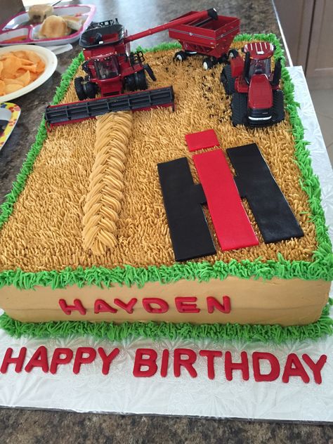 Tractor Birthday Sheet Cake, Case Tractor Cake, Combine Cakes For Boys, Red Tractor Birthday Party Cake, Combine Birthday Cake, Easy Farm Cake Ideas, Farming Birthday Cake, Combine Harvester Cake, Tractor Birthday Cake For Boys