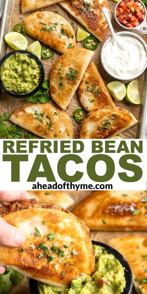 These Crispy Refried Bean Tacos made with crispy, golden-brown tortillas, perfectly seasoned refried beans, and a handful of your favorite garnishes will have you hooked! Made from scratch in less time than it takes to order takeout, you’ll want to make these again and again. All of the ingredients for these refried bean tacos are common pantry staples you probably already have on hand. | aheadofthyme.com #crispytacos #beantacos via @aheadofthyme Crispy Refried Bean Tacos, Refried Beans Crockpot Mexican, Making Refried Beans From Canned Beans, Ground Turkey Refried Beans Recipes, Fried Bean Tacos, Crispy Bean Tacos, Refried Beans Tacos, Refried Beans Meal Ideas, How To Use Refried Beans