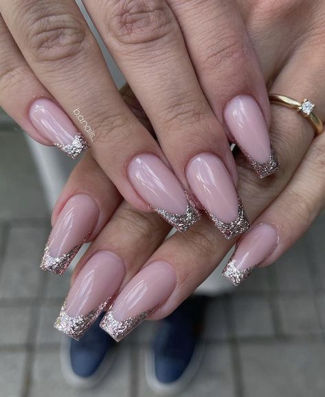 Nail Designs Shiny, Glittery French Nails, Silver And Pink Nails, Sparkly French Tip Nails, Teal Acrylic Nails, Sparkly Nail Designs, Glitter French Nails, Pink Tip Nails, Shiny Nails Designs