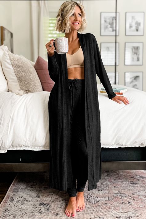 $12.05 Black Split Long Cardigan and Skinny Pants Lounge Set Wholesale Cotton Blossom, Maxi Cardigan, Sleepwear & Loungewear, Loungewear Set, Sleeve Cardigan, Lounge Set, Lounge Sets, Long Sleeve Cardigan, Long Cardigan