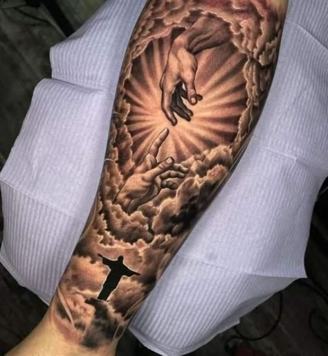 Adam hands in clouds with halo forearm tattoo God Hands Tattoo, The Creation Of Adam Tattoo, Adam And God, Jesus Forearm Tattoo, Half Sleeve Tattoo Upper Arm, Creation Of Adam Tattoo, Christus Tattoo, Adam Tattoo, Cloud Tattoo Sleeve