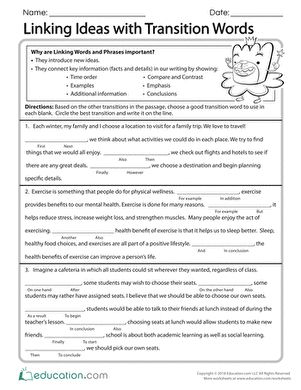 Third Grade Reading & Writing Worksheets: Linking Ideas with Transition Words Linking Words Worksheets, Writing Transition Words, Transition Words Worksheet, Transitional Words, Words Worksheet, Teaching Reading Comprehension, Linking Words, Third Grade Reading, Transition Words