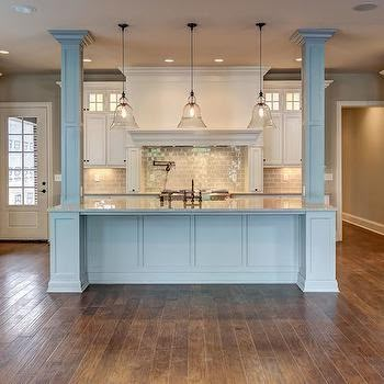 Kitchen Island Columns Design Ideas Kitchen Island With Posts, Kitchen Island Ideas With Columns, Kitchen Island With Columns, Kitchen Columns, Kitchen Booths, Kitchen Island With Stove, Island With Stove, Unique Kitchen Design, Wood Floor Kitchen