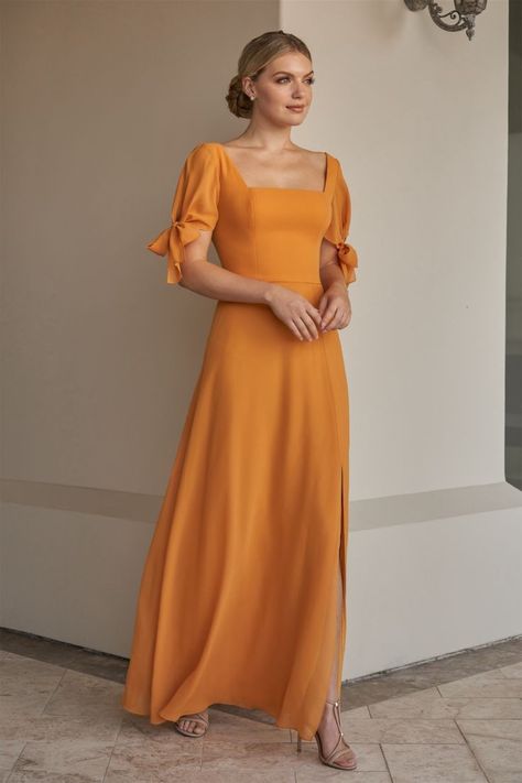 Rust Gown, Tangerine Dress, Bridesmaid Dresses With Sleeves, Gowns With Sleeves, A Line Gown, Couture Collection, Modest Dresses, Square Necklines, Square Neckline