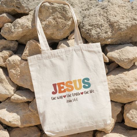 Bible Verse Jesus The Way The Truth The Life Tote Bag Bible Bag Painting Ideas, Christian Tote Bags Paint, Christian Tote Bag Design Diy Paint, Bible Bag Ideas, Bible Bags Totes Diy Paint, Bible Tote Bag Painting Ideas, Tote Bag Painting Ideas Christian, Creative Tote Bag Design Ideas, Bible Bags Totes Diy