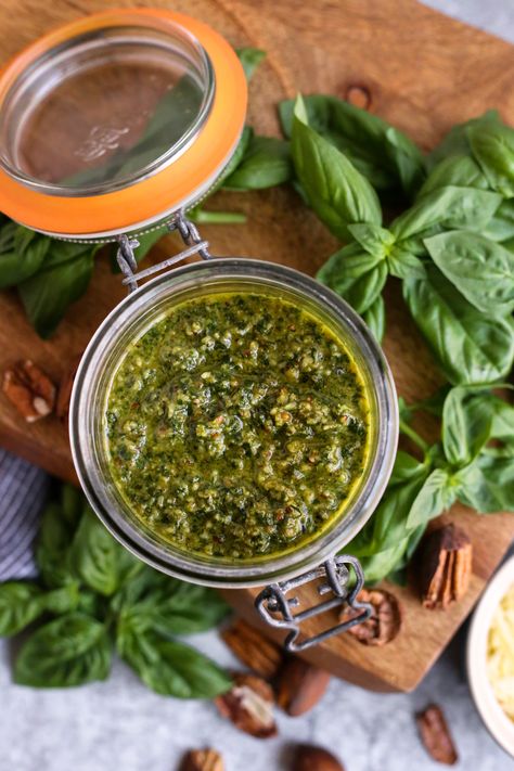 This easy recipe for homemade basil pesto without pine nuts is quick to make. Freeze batches of this pecan pesto recipe to enjoy later Basil Pecan Pesto, Pecan Pesto Recipe, Pesto Without Pine Nuts Recipes, Pesto Recipe Without Pine, Pesto Recipe No Nuts, Fresh Pesto Recipe, Recipes Using Pesto, Easy Pesto Recipe, Pecan Pesto