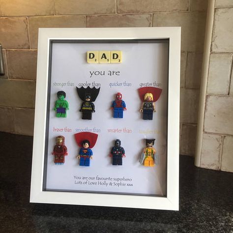 A great gift for any loved one!! This frame will stand or hang lovely in any room, showing how special they really are!! The frame is available in white or black. The top section spells out your chosen option in scrabble letters, then you are The scrabble choices are; Dad Daddy Brother You Are My Superhero, Superhero Gifts, Scrabble Letters, Fathers Day Photo, Diy Father's Day Gifts, Personalised Frames, Father's Day Diy, Fathers Day Crafts