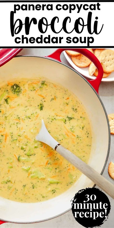 This Panera copycat broccoli cheddar soup is incredibly easy to make, ready in just 30 minutes, and just as delicious to make at home! When the weather cools down, this broccoli cheddar soup is the ultimate hug in a bowl! Broccoli Soup Crockpot, Copycat Broccoli Cheddar Soup, Broccoli Cheese Soup Panera, Homemade Broccoli Cheddar Soup, Easy Broccoli Cheddar Soup, Thai Coconut Curry Soup, Spiced Salmon, Panera Copycat, Thai Coconut Curry