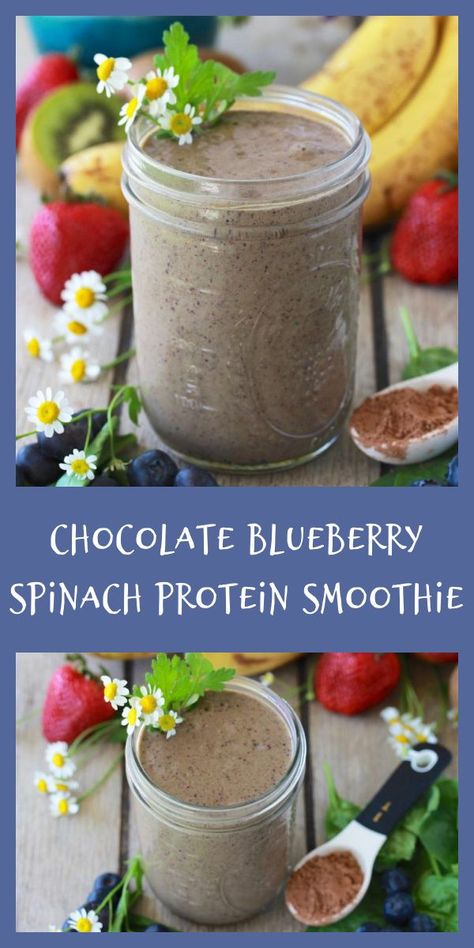 Our Chocolate Blueberry Spinach Protein Smoothie Recipe is the best way to get a healthy jump start to your morning routine! I love chocolate smoothies, but you can also use vanilla protein powder, for a different flavor. SO good and packed with banana, strawberry, kiwi, blueberries, greek yogurt, and chocolate protein powder to keep you fueled and full all morning long! || cookingwithruthie.com #proteinsmoothie #chocolatesmoothie #smoothierecipe Chocolate Spinach Protein Shake, Blueberry Chocolate Protein Shake, Blueberry Chocolate Smoothie, Chocolate Protein Powder Recipes Smoothie, Chocolate Protein Powder Smoothie, Spinach Protein Smoothie, Workday Routine, Protein Powder Smoothie Recipes, Eoe Diet