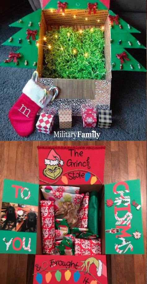 Christmas Themed Care Packages, Painted Christmas Box Ideas, Deployment Christmas Care Packages, Holiday Care Package Ideas, Christmas Deployment Box Ideas, Christmas Deployment Care Packages, Christmas Care Package Military, Christmas College Care Package, Military Christmas Care Package