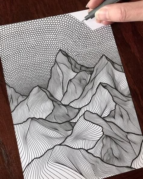 Drawing Mountains, Pen Art Drawings, Doodle Art Drawing, Architecture Drawing Art, Zentangle Drawings, Doodle Art Designs, Zentangle Art, Zentangle Patterns, Sketchbook Art