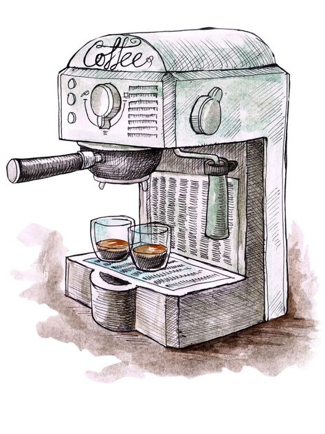 Espresso Machine Sketch, Coffee Machine Design Sketch, Coffee Machine Sketch, Coffee Drawing Easy, Coffee Machine Drawing, Coffee Sketch Drawing, Barista Drawing, Cafe Sketches, Cafe Drawing