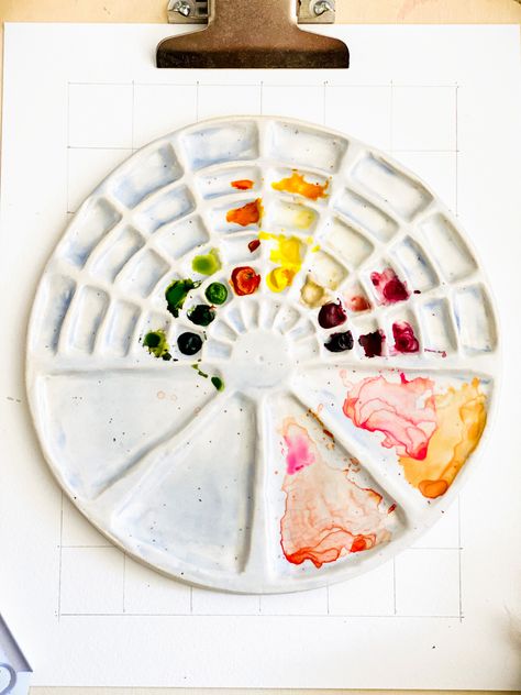 This first test of a handbuilt ceramic watercolor palette designed to mimic the mandala grid structure often used in my paintings. Handmade Watercolor Palette, How To Make Ceramic Paint Palette, Pottery Watercolor Palette, First Pottery Projects, Ceramic Art Palette, Cute Paint Palette, Handmade Paint Palette, Clay Art Palette, Handmade Ceramic Paint Palette