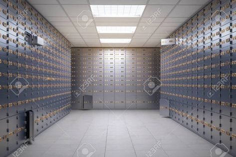 Safe deposit boxes room inside of a bank vault. - 124313851 Ruthless Creatures, Bank Vault Door, Darkmore Penitentiary, Bank Vault, Graphics Sketchbook, Bank Safe, Safe Deposit Box, Safe Vault, Safe Room