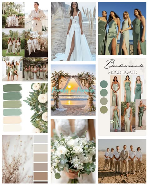 Beach Wedding Green Color Palettes, Sage Green Beach Wedding Theme, Beach Wedding Sage Green, June Beach Wedding, Beach Wedding Guest Color Palette, Beach Wedding Colours, Beach Wedding Theme Ideas Color Palettes, Beach Wedding Mood Board, Wedding Color Schemes Beach