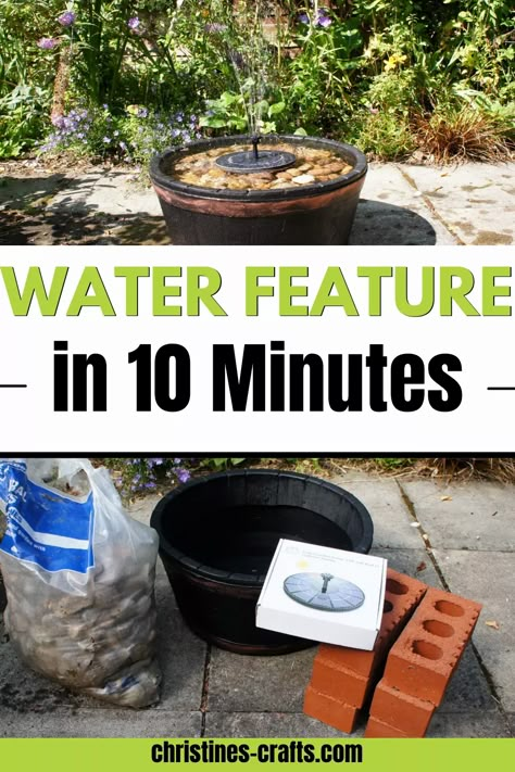 How to Make a Soothing Solar Powered DIY Water Feature in 10 Minutes Diy Garden Fountains Outdoor, Solar Water Fountains Outdoor Diy, Solar Fountains Outdoor Diy, Solar Water Fountains Outdoor, Whiskey Barrel Fountain, Backyard Water Feature Diy, Water Fountains Outdoor Diy, Diy Solar Water Fountain, Homemade Water Fountains