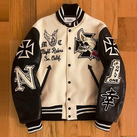 Letterman Jacket Ideas, Stussy Jacket, Jackets Design, Varsity Design, Unique Jackets, Iron Cross, Japanese Kanji, Varsity Jackets, Leather Sleeves