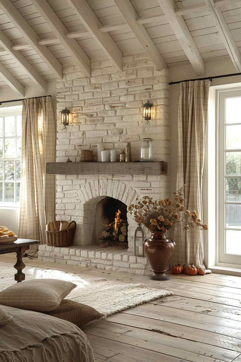 40 Fireplaces With Windows on Each Side for a Cozy Home Windows On Sides Of Fireplace, Mantle Over Stove, Living Room Ideas With Vaulted Ceilings, Fireplace Breakfast Nook, Floor To Ceiling Stone Fireplace Ideas, European Cottage Fireplace Ideas, Diy Cottage Fireplace, Chimney With Windows On Each Side, Light Color Fireplace