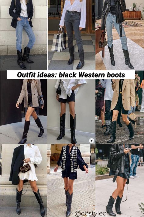 Summer Looks With Boots, Black Cowboots Outfits, Black Cowboys Boots Outfit, Fall Western Boot Outfit, Western Boots Outfit 2023, Tall Western Boots Outfit Fall, Looks With Cowboy Boots, Outfits With Cowboy Boots For Women Fall, How To Style Black Cowgirl Boots