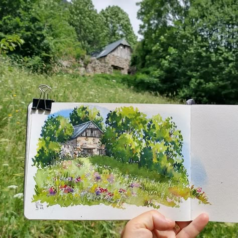 Renee Walden on Instagram: “We're having a heatwave in Spain. It's hot hot hot! But if you head up high in the Pyrenees and deep into the valleys, where the rivers are…” Watercolour Landscape Painting, Sketching Watercolor, Watercolor Art Landscape, Watercolour Landscape, Cool Green, Gouache Art, Watercolor Sketchbook, Arte Sketchbook, Watercolor Art Lessons