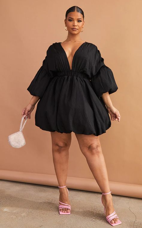 Plus Size Dresses for Women | PrettyLittleThing USA Black Puff Dress, Proposal Outfits For Her, Fashion Dresses Plus Size, Black And Pink Outfit, Summer Dresses Plus Size, Plus Size Black Dress, Black Puff Sleeve Dress, Plus Size Black Dresses, Below The Knee Dresses