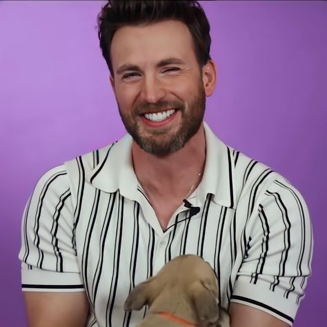 @lilyunfilt Chris Evans Puppy Interview, Puppy Interview, Steve Rogers, Chris Evans, Captain America, Avengers, Casual Button Down Shirt, Interview, Men Casual