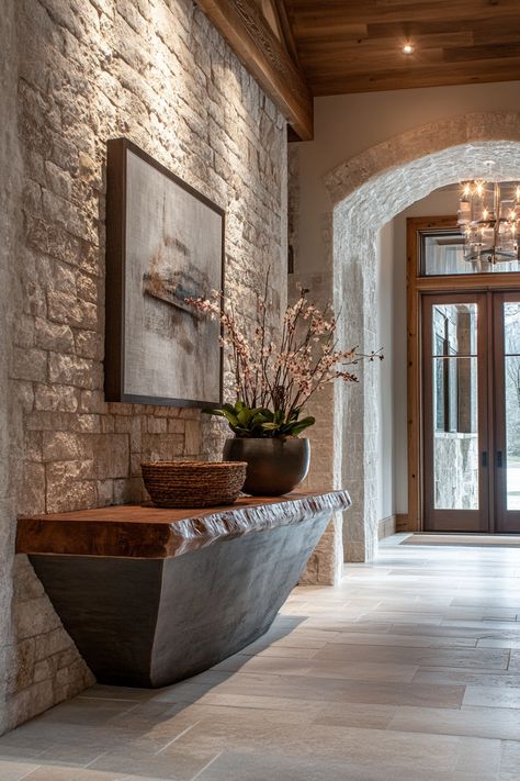 Entryway Wall Ideas Entrance, Stone Entryway Exterior, Large Entryway Ideas Foyers, Large Entry Way Ideas, Large Foyer Ideas, Foyer Area Design Entrance, Rustic Luxe Decor, Moody Entryway, Foyer Tree