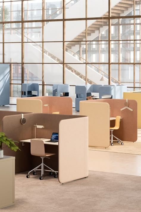 PodWork workstations in an open-plan office Informal Working Space, Open Work Space Design, Office Open Plan Design, Hotdesking Work Spaces, Open Floor Plan Office Space, Coworking Space Design Open Plan, Office Pods Workspaces, Co Working Space Design Interiors, Co Working Office Design