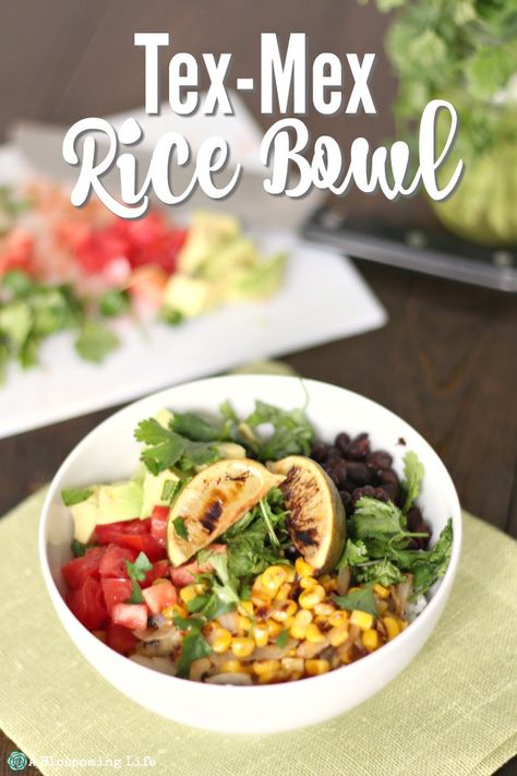 Tex-Mex Rice Bowl - delicious Tex-Mex style rice bowls with grilled corn, lime, avocados, and chicken. #ablossominglife #texmex #easyrecipe #dinner Tex Mex Rice, Real Food Dinner, Nourishing Recipes, Rice And Chicken, Food Dinners, Rice Bowls Recipes, Leftover Rice, Weekday Meals, Quick Weeknight Meals